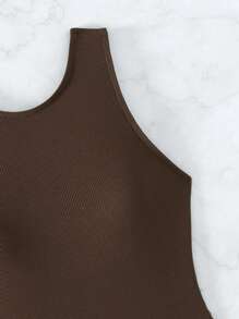 SHEIN Swim Summer Beach Solid Ribbed Knit One-Piece Swimsuit Bathing Suit - Coffee Brown - View 3