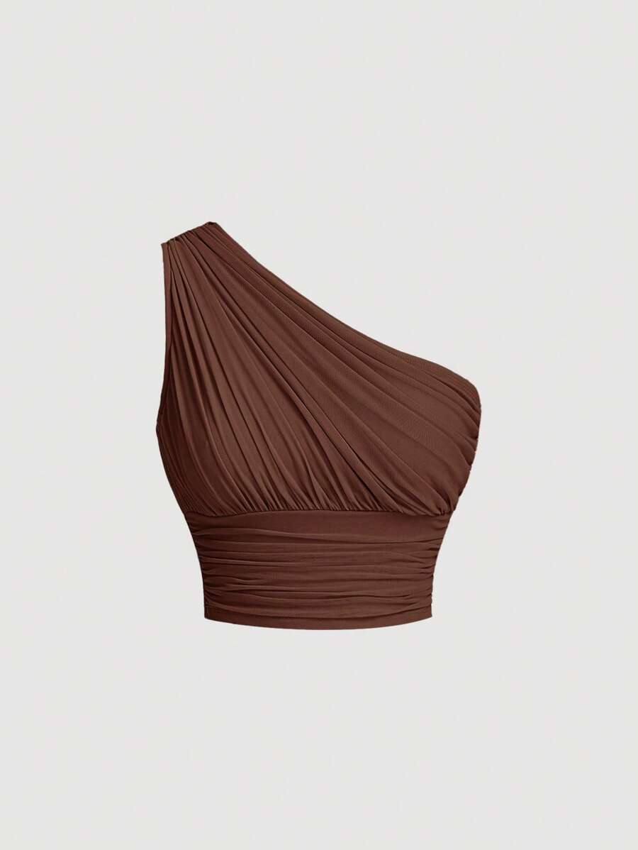 SHEIN MOD Top Negro De Verano Con Un Solo Hombro Fruncido - Marrón Chocolate - Ver 1