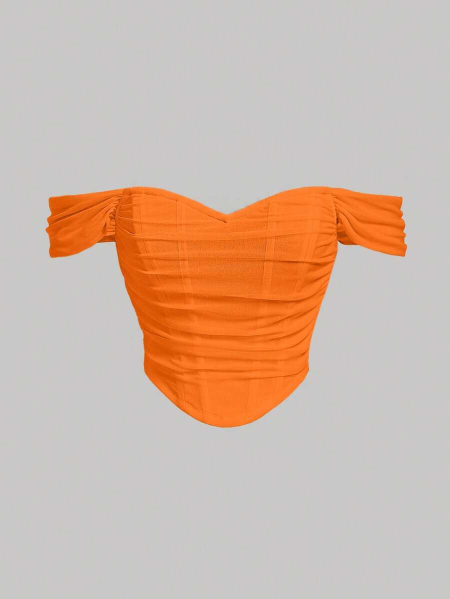 SHEIN MOD Off Shoulder Ruched Mesh Top - Burnt Orange - View 1