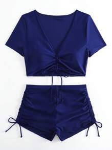 前抽繩短褲比基尼泳裝 - 藏蓝色 - 查看 3