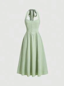 SHEIN MOD Solid Button Front Halter Dress - Mint Green - View 1