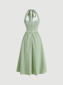 SHEIN MOD Solid Button Front Halter Dress - Mint Green - View 2