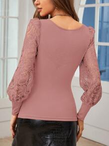 SHEIN Privé Tops de mujeres Encaje en contraste Liso Elegante - Rosa vieja - Ver 2