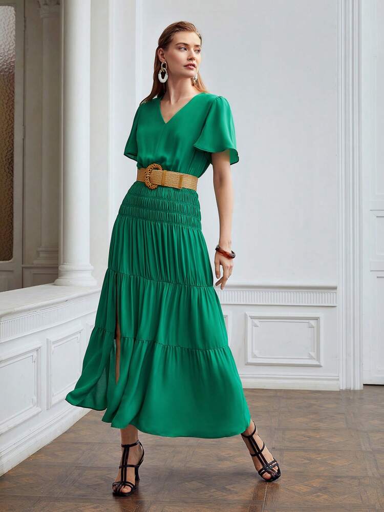 VESTIDO LARGO CON CINTURA FRUNCIDA SIN CINTURÓN