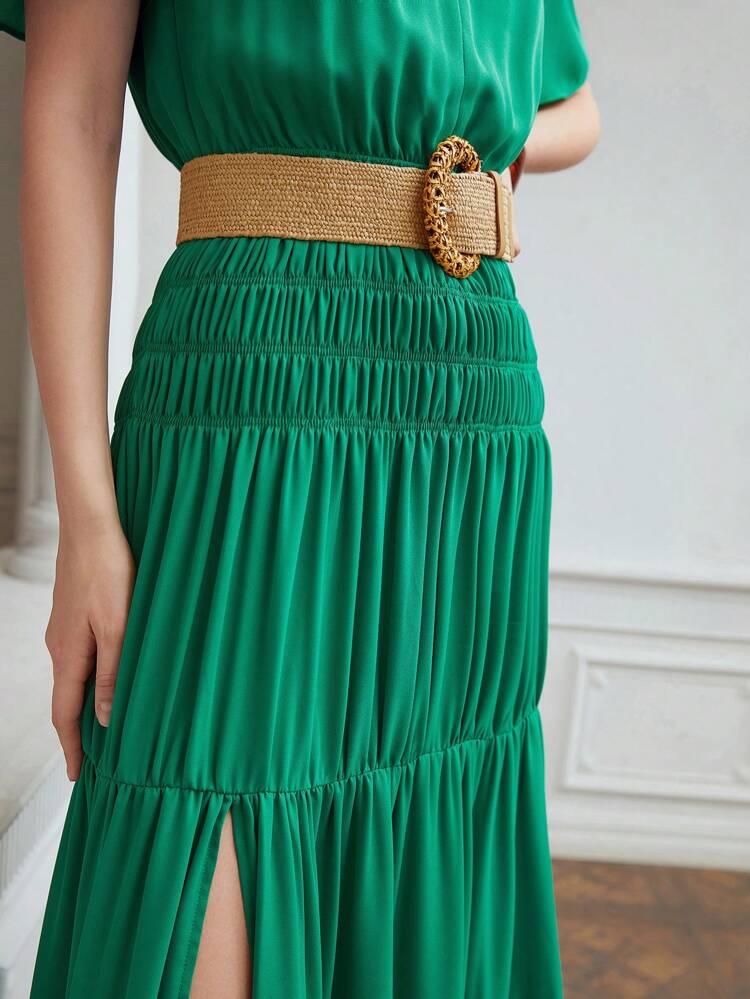 VESTIDO LARGO CON CINTURA FRUNCIDA SIN CINTURÓN