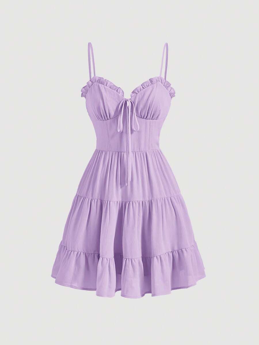 SHEIN MOD Solid Frill Trim Tie Front Ruffle Hem Cami Dress - Lilac Purple - View 1