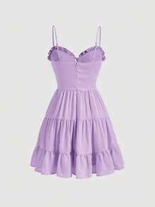 SHEIN MOD Solid Frill Trim Tie Front Ruffle Hem Cami Dress - Lilac Purple - View 2