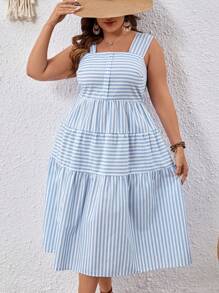 SHEIN VCAY 大碼條紋印花荷葉邊吊帶連衣裙 - 藍白色 - 查看 4