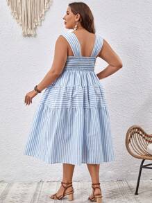 SHEIN VCAY 大碼條紋印花荷葉邊吊帶連衣裙 - 藍白色 - 查看 2