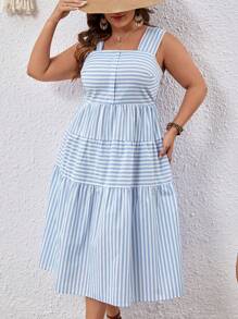 SHEIN VCAY 大碼條紋印花荷葉邊吊帶連衣裙 - 藍白色 - 查看 5