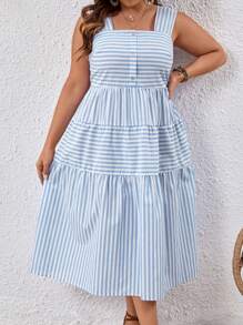 SHEIN VCAY 大碼條紋印花荷葉邊吊帶連衣裙 - 藍白色 - 查看 3