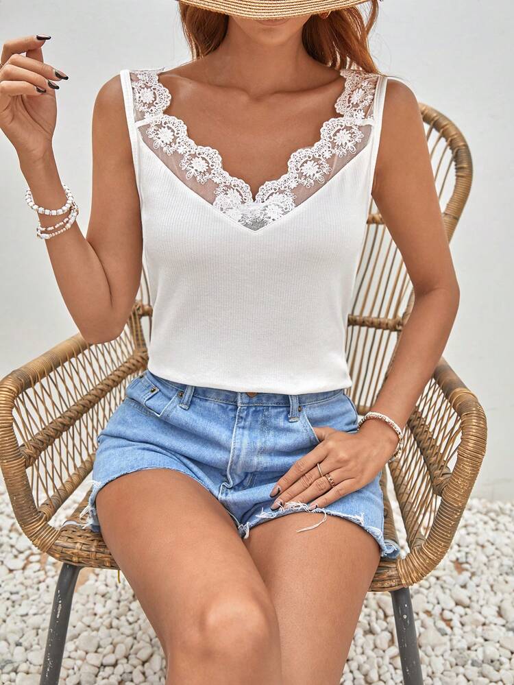 SHEIN Frenchy Contrast Embroidery Mesh Tank Top - White - View 1