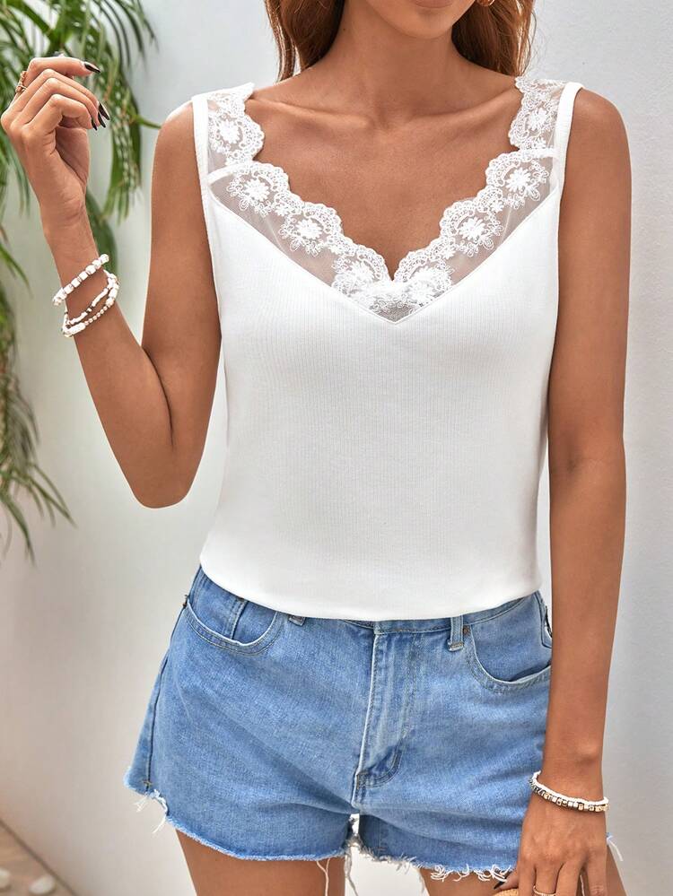 SHEIN Frenchy Contrast Embroidery Mesh Tank Top - White - View 4