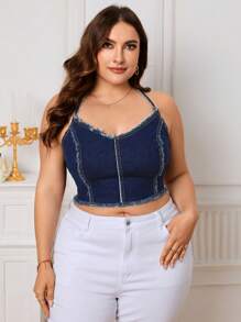 SHEIN Essnce Hơn Xén Thô Đan chéo phía sau Denim Cami ngọn - Rửa tối - Xem 1