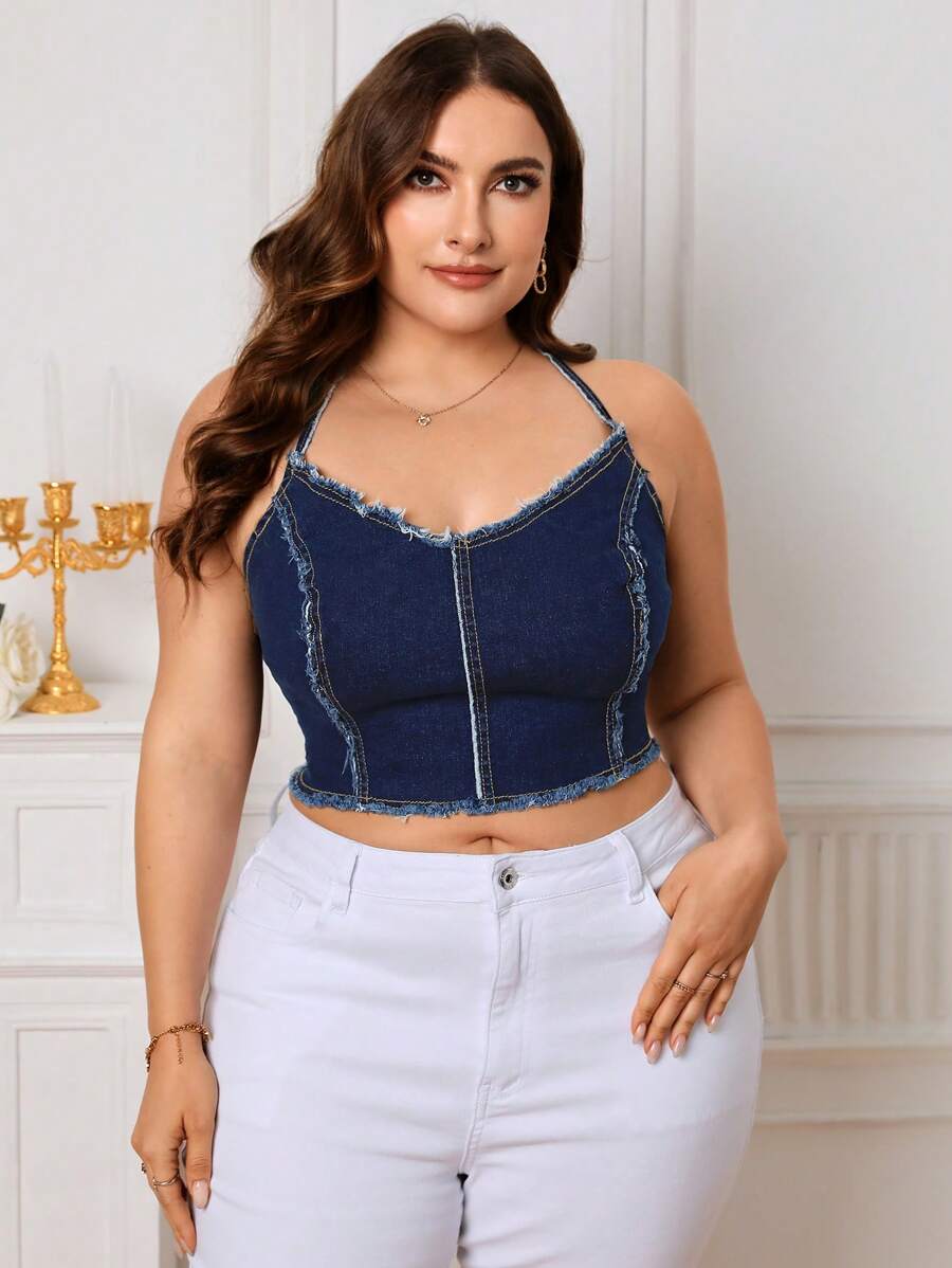 SHEIN Essnce Hơn Xén Thô Đan chéo phía sau Denim Cami ngọn - Rửa tối - Xem 1