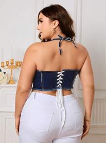 SHEIN Essnce Hơn Xén Thô Đan chéo phía sau Denim Cami ngọn - Rửa tối - Xem 2