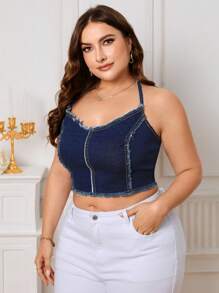 SHEIN Essnce Hơn Xén Thô Đan chéo phía sau Denim Cami ngọn - Rửa tối - Xem 5