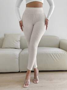 SHEIN SXY Solid Ribbed Knit Leggings - Apricot - View 3