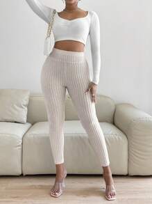 SHEIN SXY Solid Ribbed Knit Leggings - Apricot - View 5