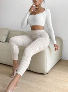 SHEIN SXY Solid Ribbed Knit Leggings - Apricot - View 6