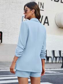 SHEIN Privé Shawl Collar Ruched Sleeve Blazer & Shorts Without Cami Top - Baby Blue - View 2