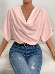 SHEIN Privé Solid Draped Collar louse - Pink - View 1