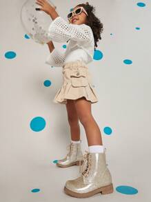 Girls Glitter Lace-Up Front Boots - Champagne - View 1