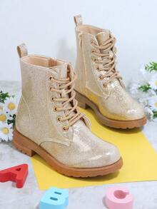 Girls Glitter Lace-Up Front Boots - Champagne - View 2