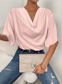 SHEIN Privé Solid Draped Collar louse - Pink - View 4