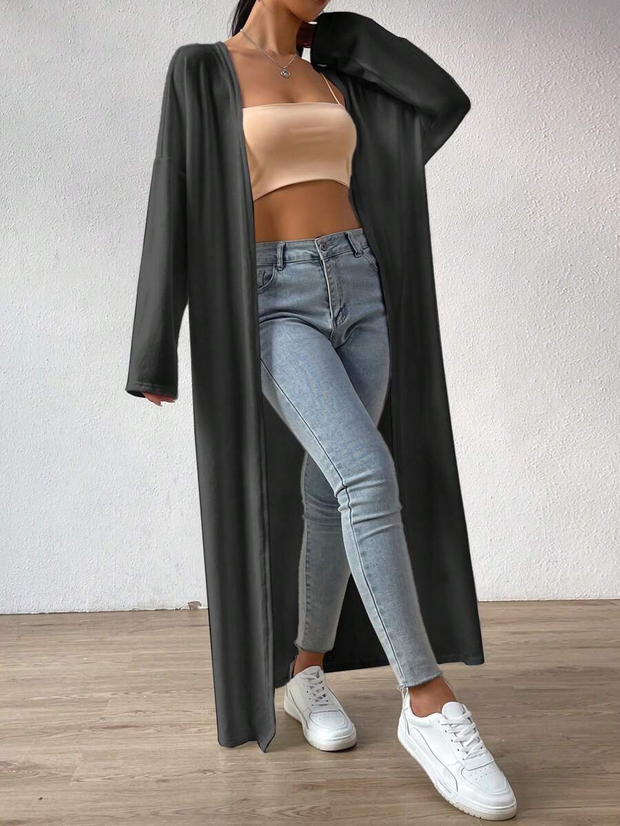 SHEIN EZwear Drop Shoulder Open Front Longline Coat In Fall/Winter - Dark Grey - View 1