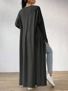 SHEIN EZwear Drop Shoulder Open Front Longline Coat In Fall/Winter - Dark Grey - View 2