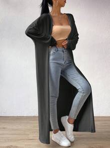 SHEIN EZwear Drop Shoulder Open Front Longline Coat In Fall/Winter - Dark Grey - View 3