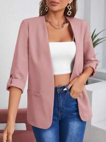 SHEIN LUNE Tay áo cuộn Mở Mặt trước Áo vest - Bụi hồng - Xem 1