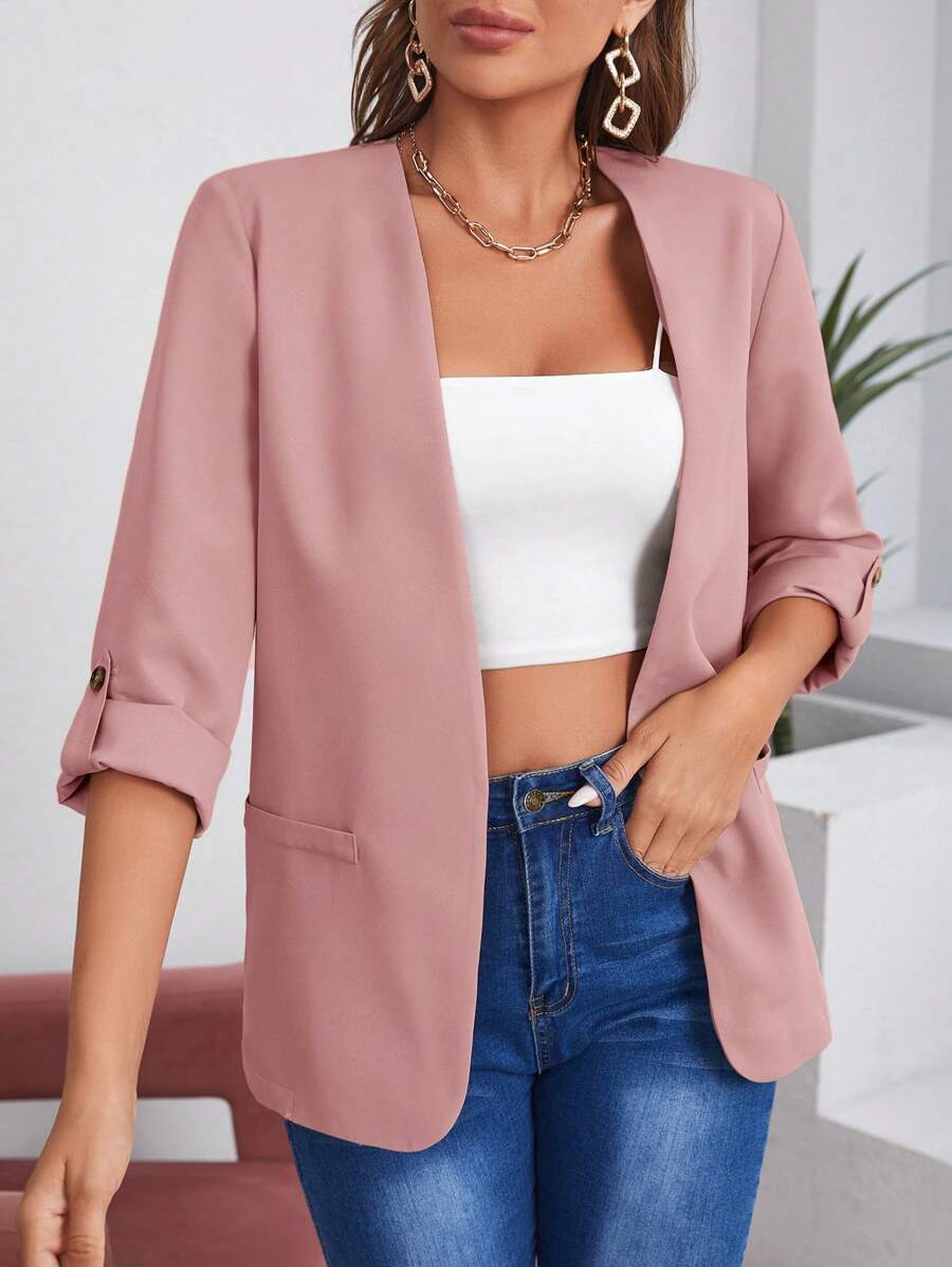 SHEIN LUNE Tay áo cuộn Mở Mặt trước Áo vest - Bụi hồng - Xem 1