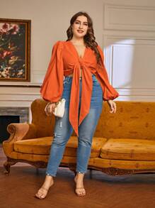 SHEIN Privé Plus Lantern Sleeve Knot Front Crop Top