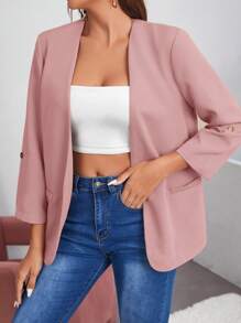 SHEIN LUNE Tay áo cuộn Mở Mặt trước Áo vest - Bụi hồng - Xem 3