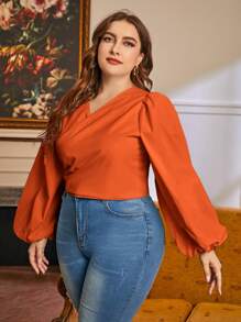 SHEIN Privé Plus Lantern Sleeve Knot Front Crop Top