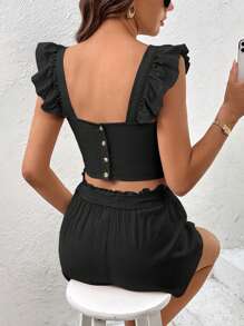 SHEIN Essnce Ruffle Trim Sweetheart Neck Top - Black - View 2