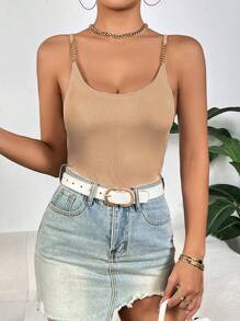 SHEIN Privé Chain Detail Cami Top - Khaki - View 4
