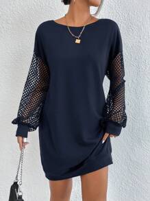 SHEIN Essnce Tương phản Fishnet Thả vai Đầm nỉ - Màu xanh hải quân - Xem 3