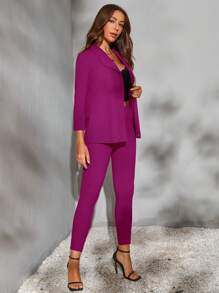 BizChic Solid Open Front Blazer & Trousers Without Cami Top - Red Violet - View 4