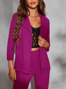 BizChic Solid Open Front Blazer & Trousers Without Cami Top - Red Violet - View 6