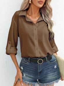 SHEIN Essnce Solid Button Front Shirt - Brown - View 5