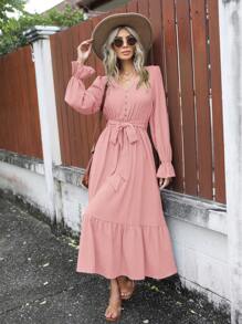 SHEIN Clasi Flare Sleeve Ruffle Hem Belted Dress - Baby Pink - View 1