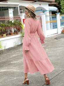 SHEIN Clasi Flare Sleeve Ruffle Hem Belted Dress - Baby Pink - View 2