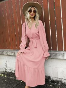 SHEIN Clasi Flare Sleeve Ruffle Hem Belted Dress - Baby Pink - View 3