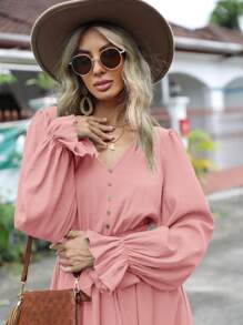 SHEIN Clasi Flare Sleeve Ruffle Hem Belted Dress - Baby Pink - View 4