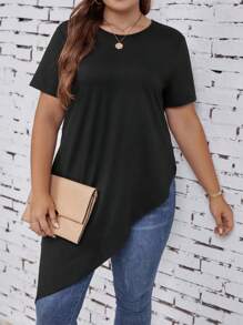 SHEIN LUNE Plus Solid Asymmetrical Hem Tee - Black - View 1