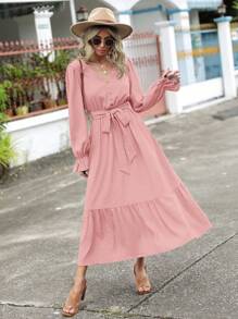 SHEIN Clasi Flare Sleeve Ruffle Hem Belted Dress - Baby Pink - View 5