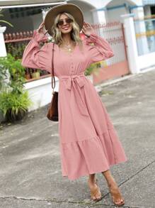 SHEIN Clasi Flare Sleeve Ruffle Hem Belted Dress - Baby Pink - View 6